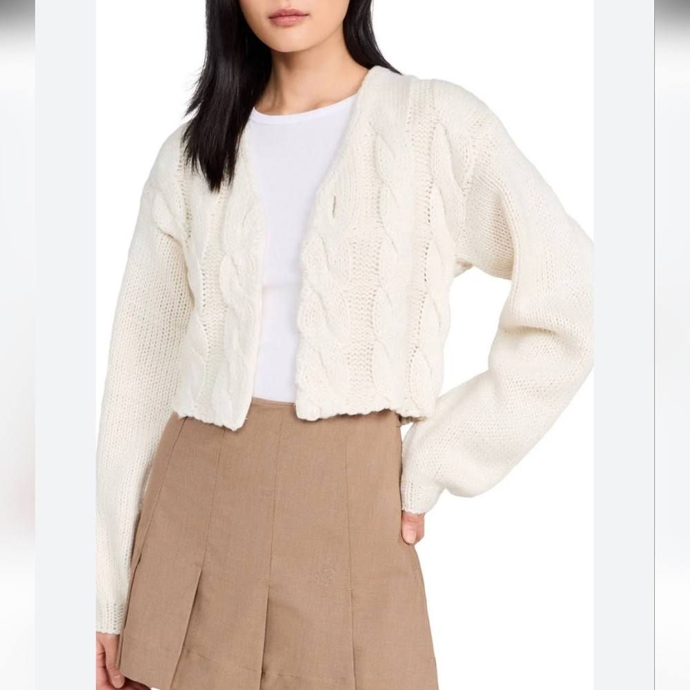 Moon River Cable Knit Cardigan Ballon Sleeve Ivory White